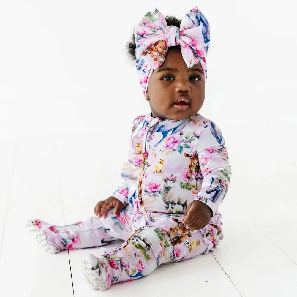Bums & Roses Hay Girl Hay 9-12M Bamboo Ruffle Footie Farm Animals Floral